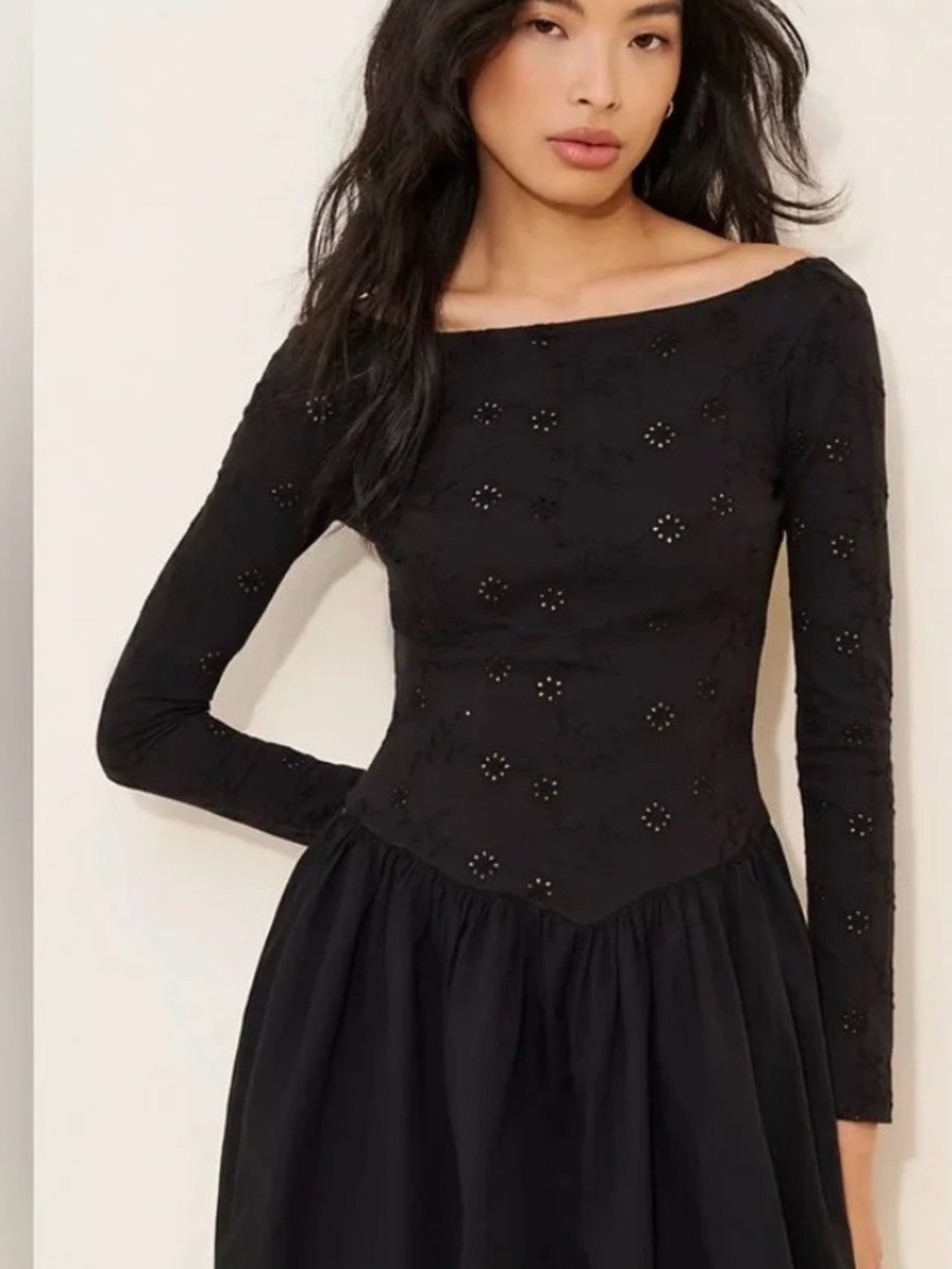 Surely Mini Dress by Free People Black Long-Sleeve Eyelet